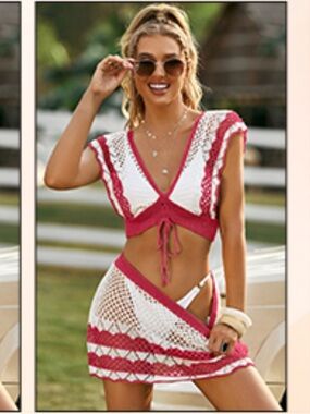White & Berry Crochet Tie-Front Beach Set